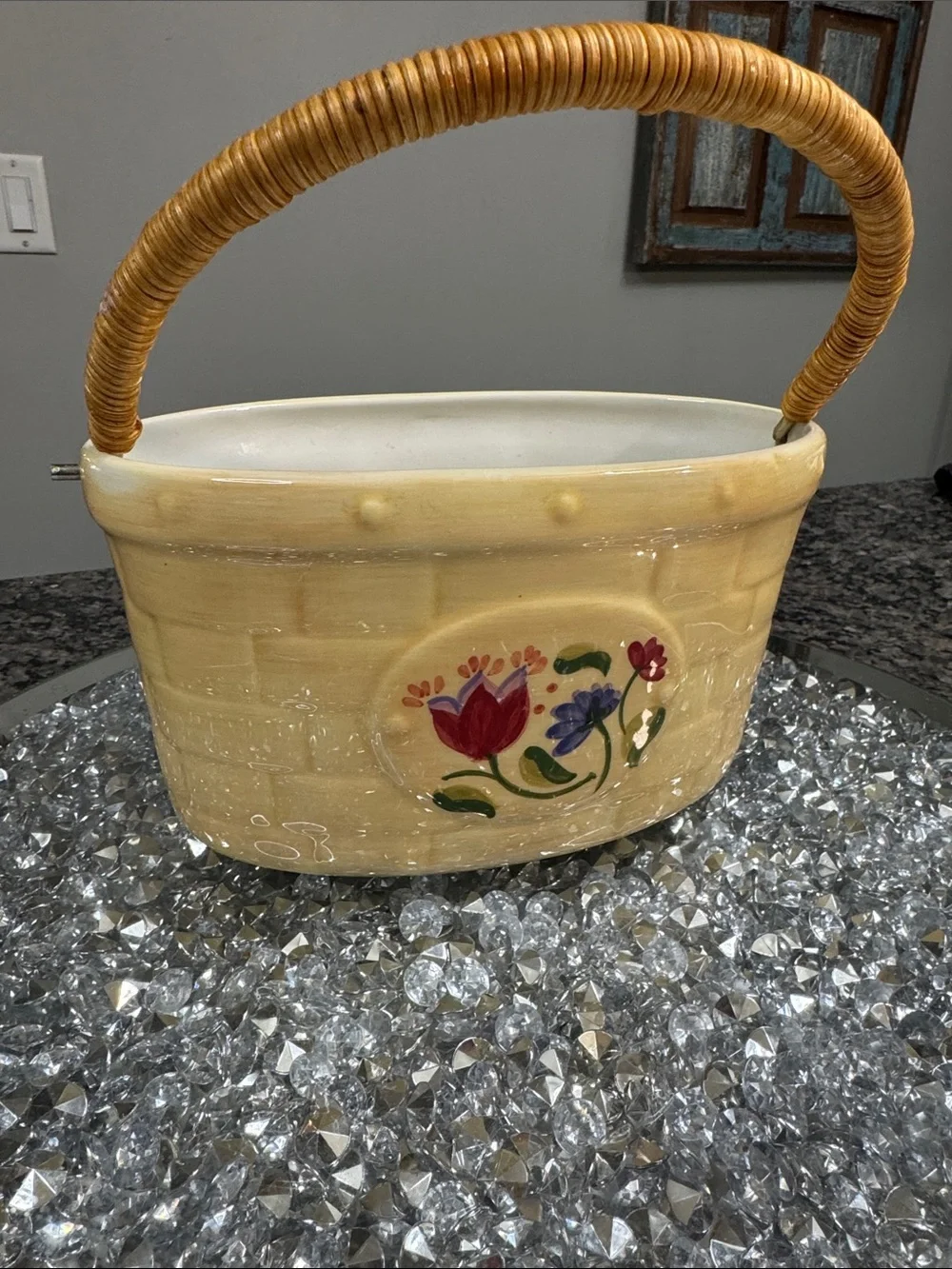 Pfaltzgraff vintage Ceramic Basket Planter with Floral Motif and Woven Handle